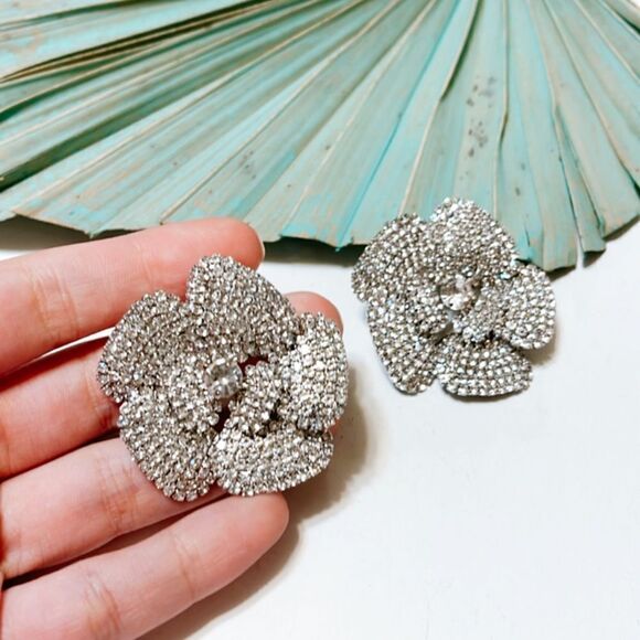 Diamond decor flower statement earrings in silver #994 - Picture 4 of 7